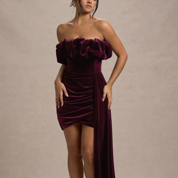 Strapless Ruffle Velvet Mini Dress - Club L London - Picture 1 of 6